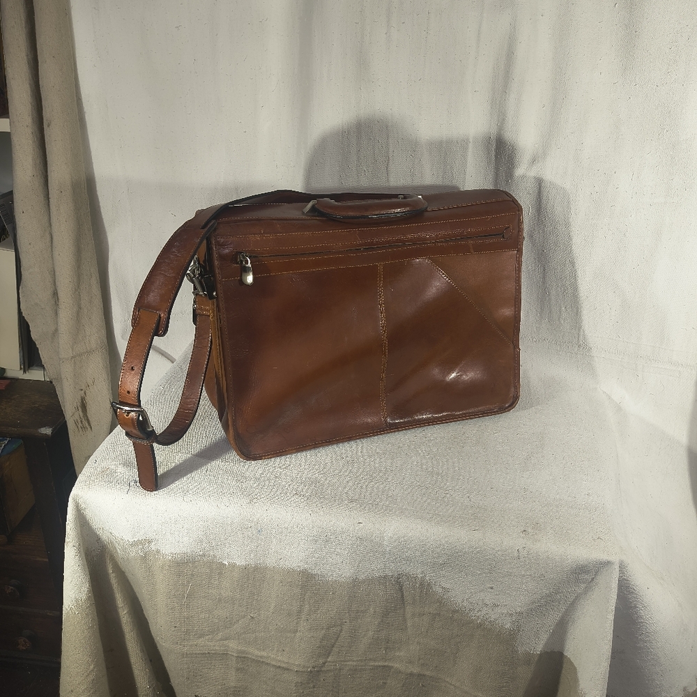 Leather Brown Briefcase / Messenger Bag Vintage 20" X 13" X 10" Tannery West - Picture 2 of 12